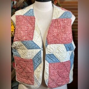 Handcrafted repurposed Quilt small vest red, blue and Cream colors.
